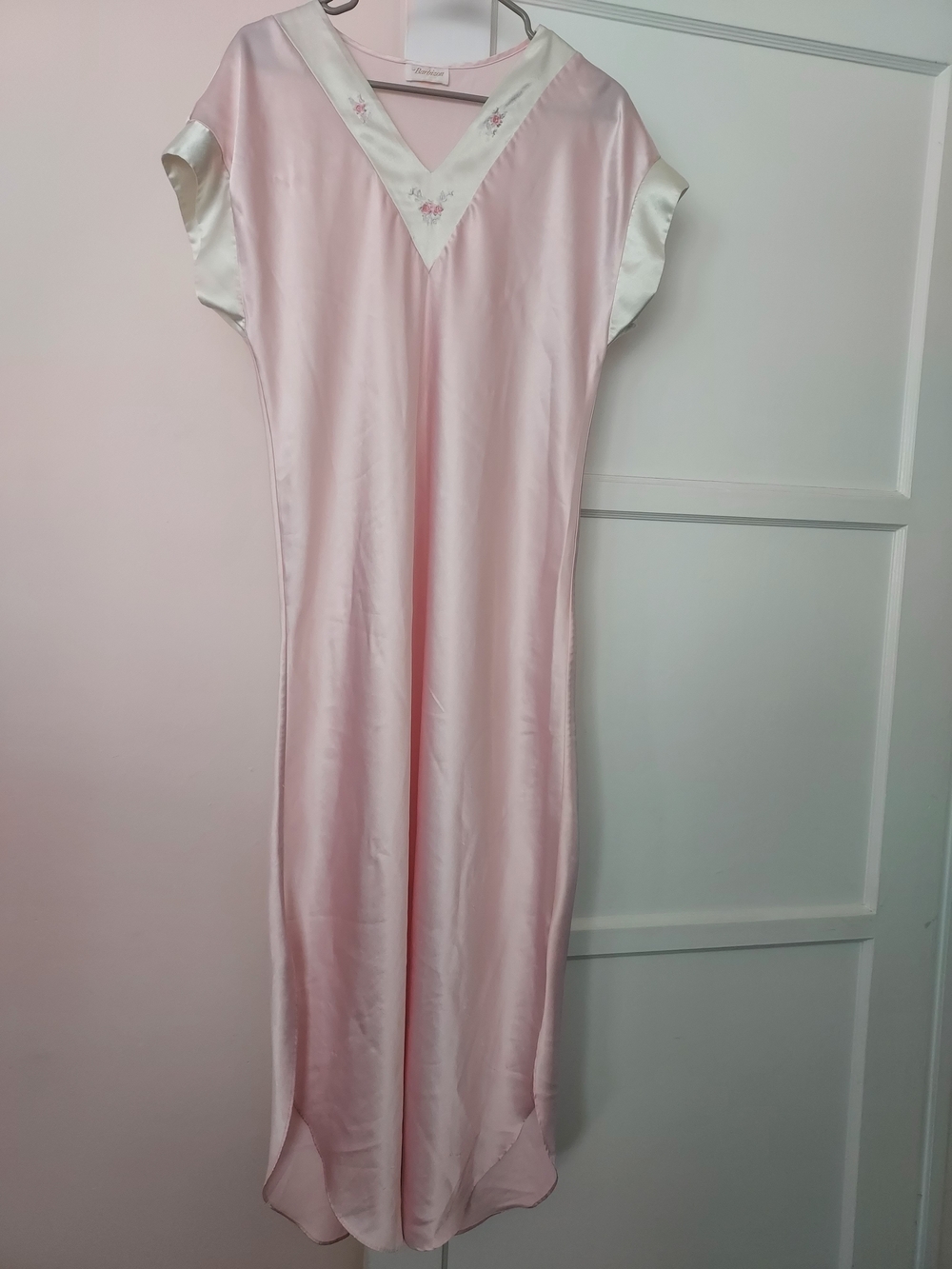 Vintage Pink Satin Chemise Nightgown Ivory Trim Sweet Floral Embroidery Timeless